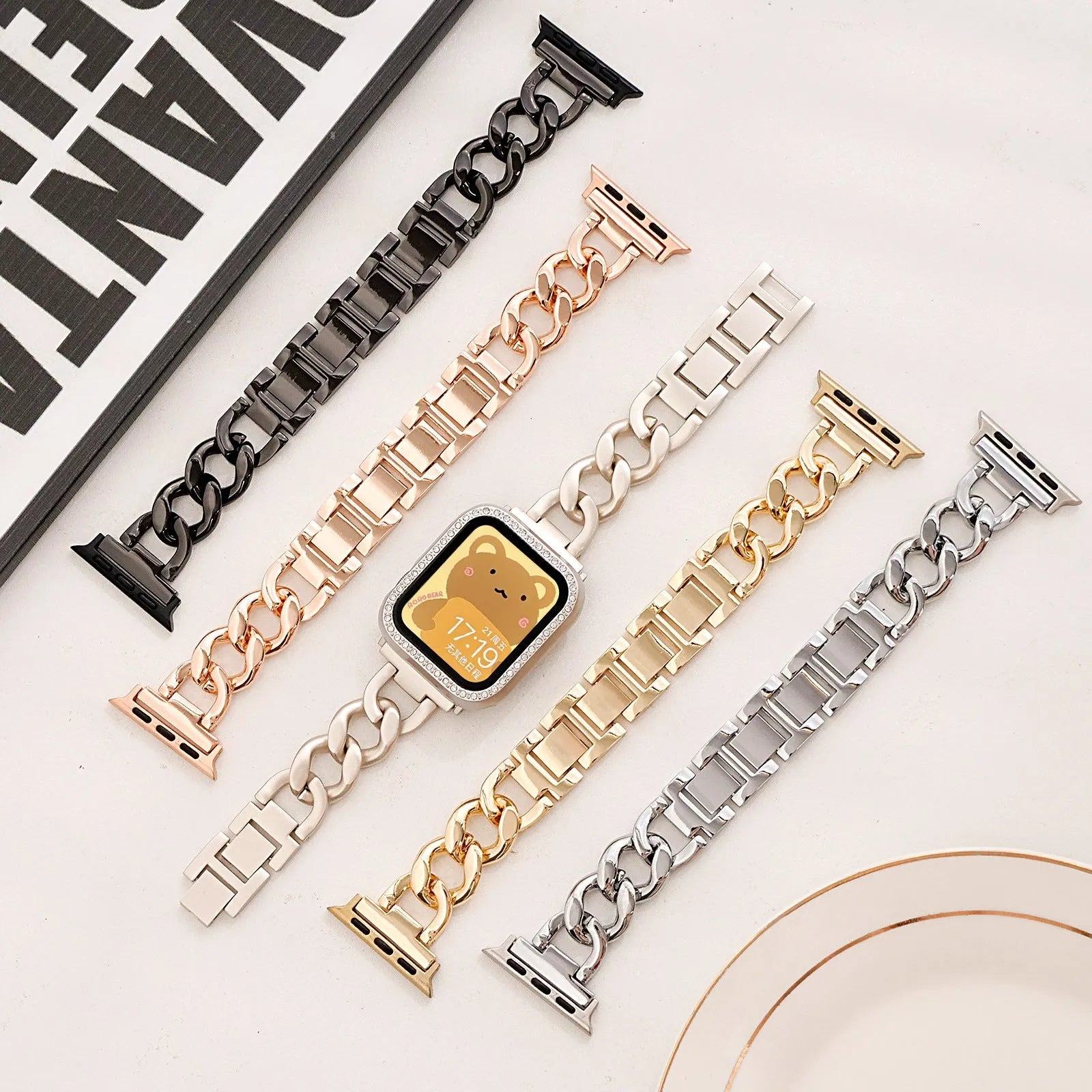 Denim chain metal Apple Watch strap in silver, black, gold, rose gold, or Starlight colour for 38-49mm cases