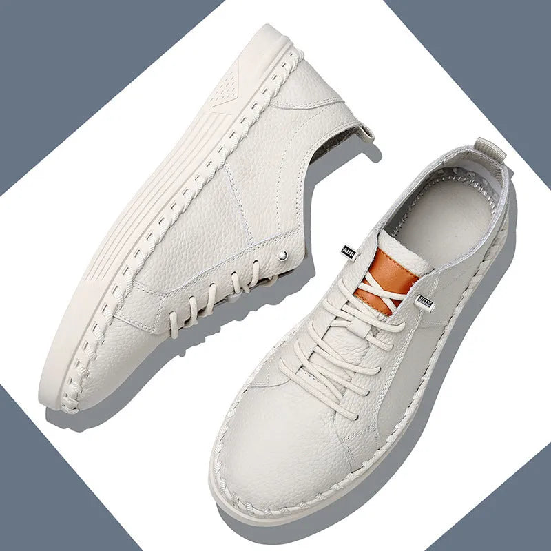 Men's beige and black cowhide sneakers with round toe and mesh lining