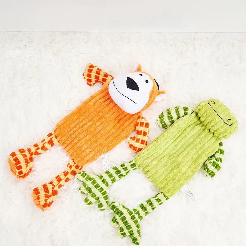Green or orange plush dog toy with immortal squeaker for aggressive chewers