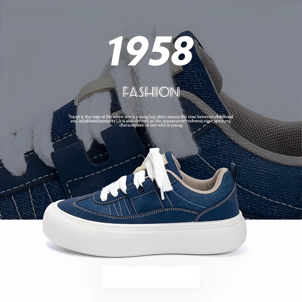 Men's black platform canvas shoes with round toe and lace-up front, showing raised heel design.