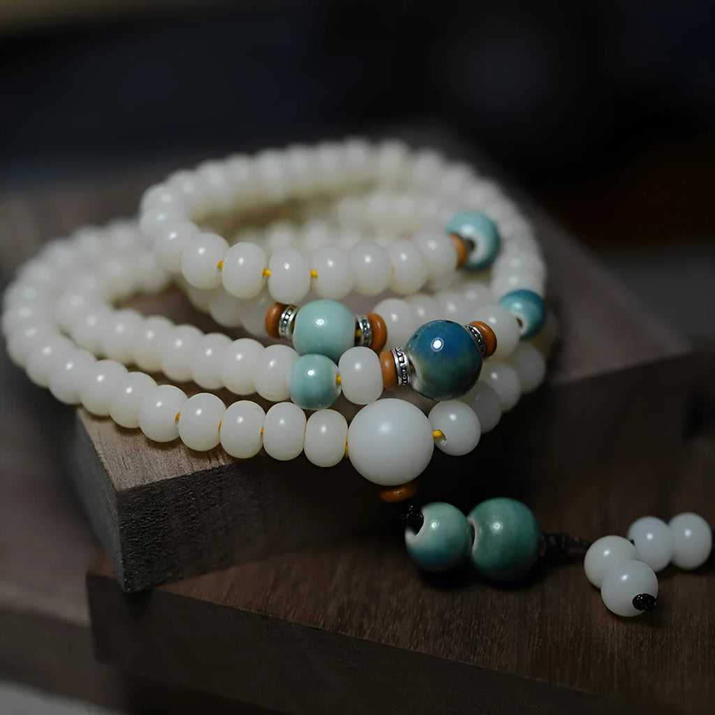White jade Bodhi seed bracelet with 108 flat round beads in two size options