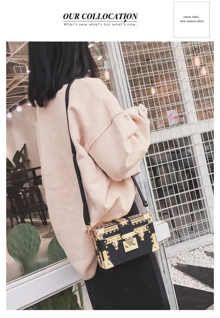 Women's hard PU shoulder bag with flap closure and single strap in black or green, showing rivet decoration