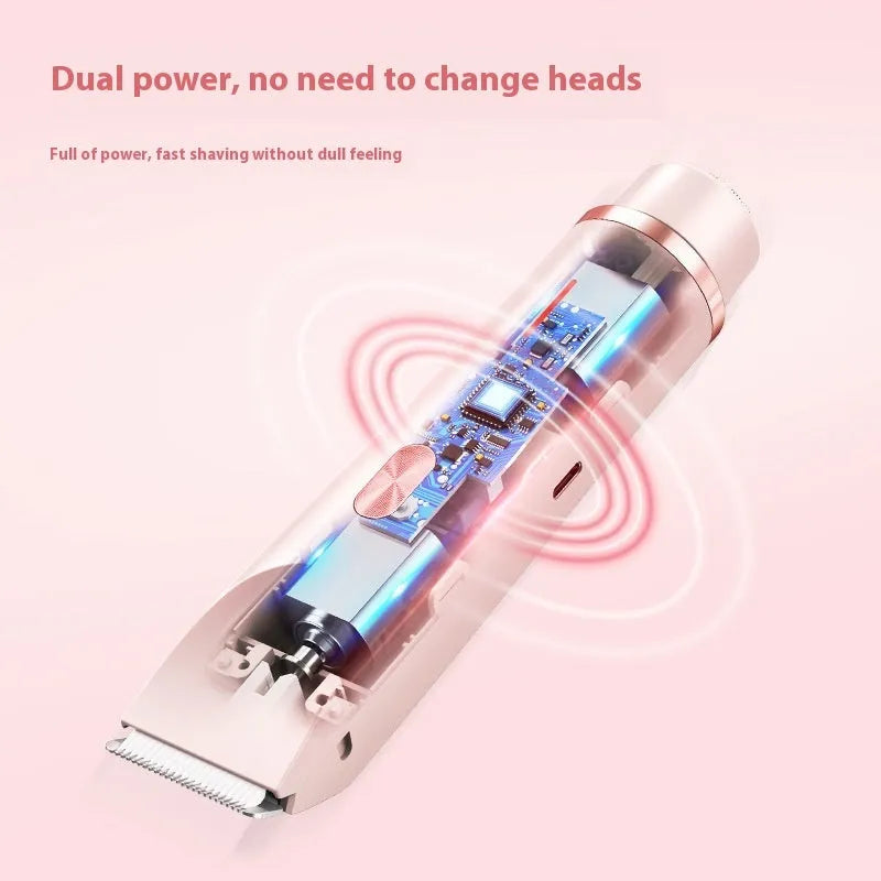Pink women's electric razor and trimmer with two heads, USB cable, and brush on a white background.