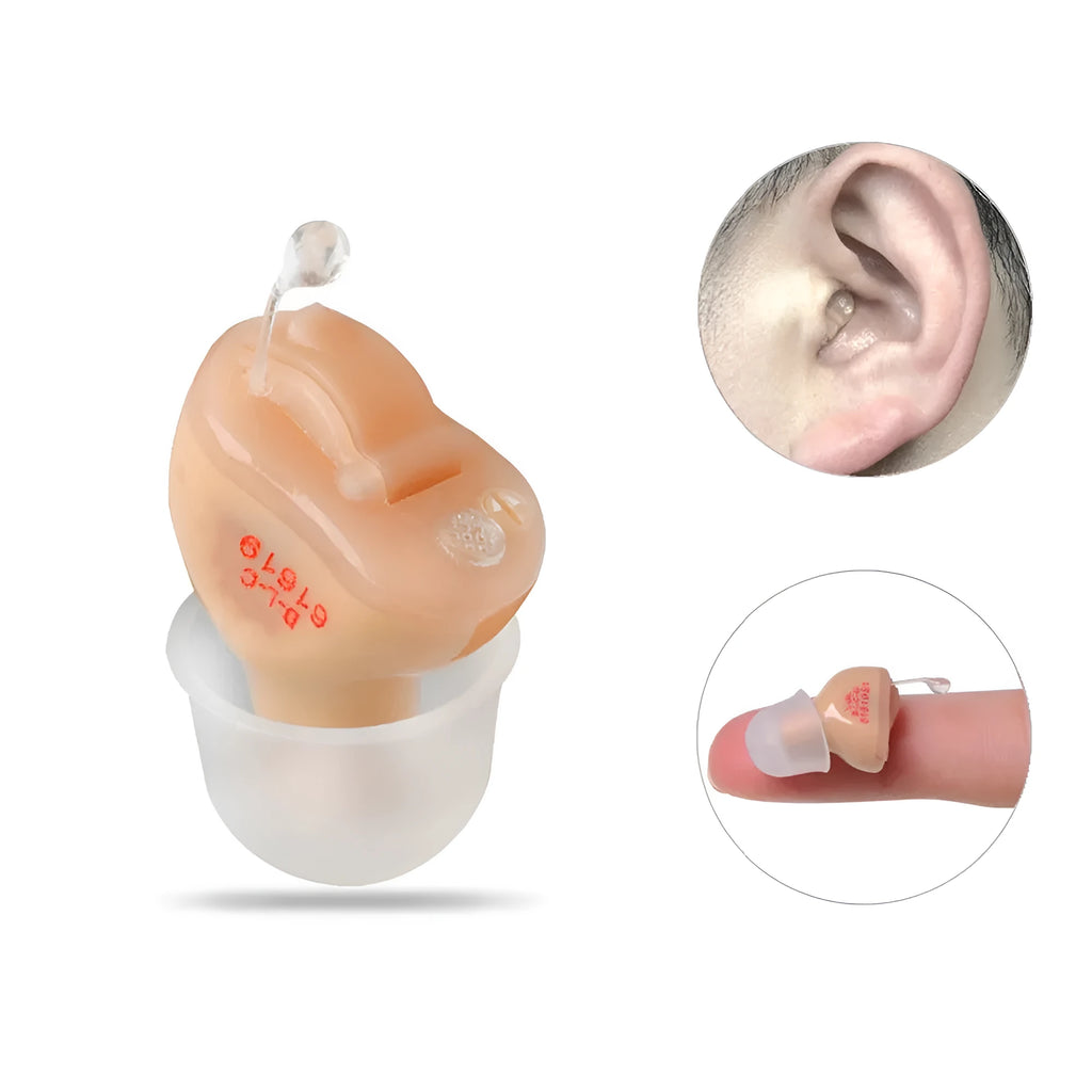 Mini T23 completely-in-canal hearing aid unit with a selection of ear dome sizes for fitting.