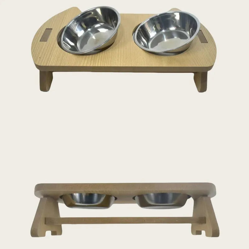 Wooden cat bowl feeder with two stainless steel compartments for food and water