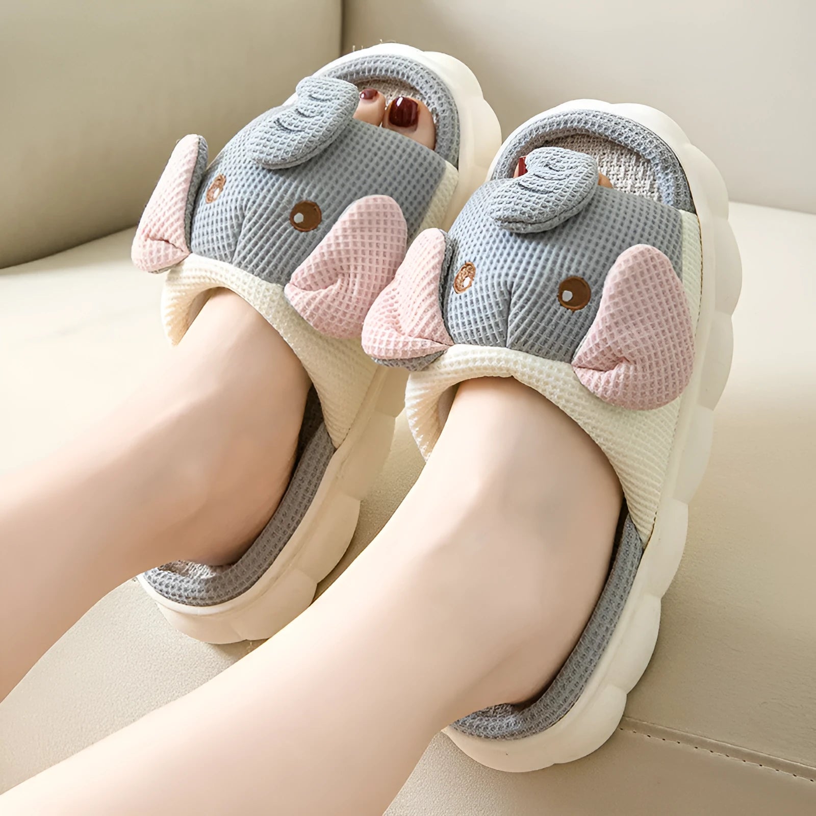 Elephant grey animal print linen open toe slippers for couples on PVC soles