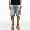 Light blue retro washed men's baggy denim shorts with mid-waist and wide-leg fit