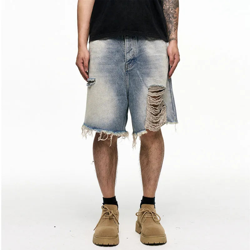 Light blue retro washed men's baggy denim shorts with mid-waist and wide-leg fit