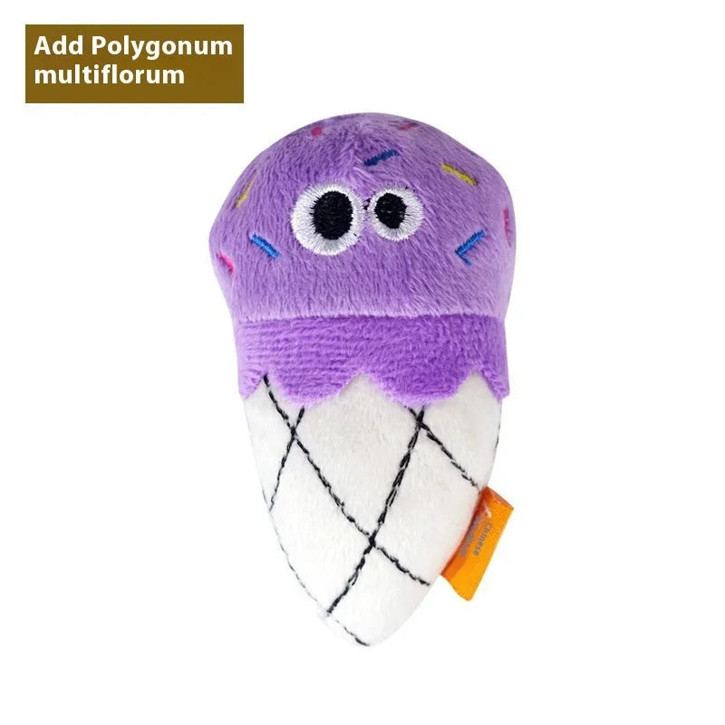 Six Polygonum Multiflorum wooden cat toys shaped like burrito, cone, cucumber, mushroom, pineapple, and pizza with catnip plush