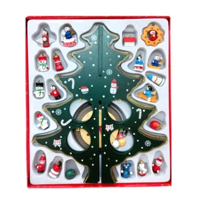 Hand-painted wooden Christmas tree decoration in red or green, 36cm tall, on a desktop
