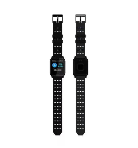 A6 smart bracelet with colour screen showing fitness metrics, silicone strap in blue, black, or orange options