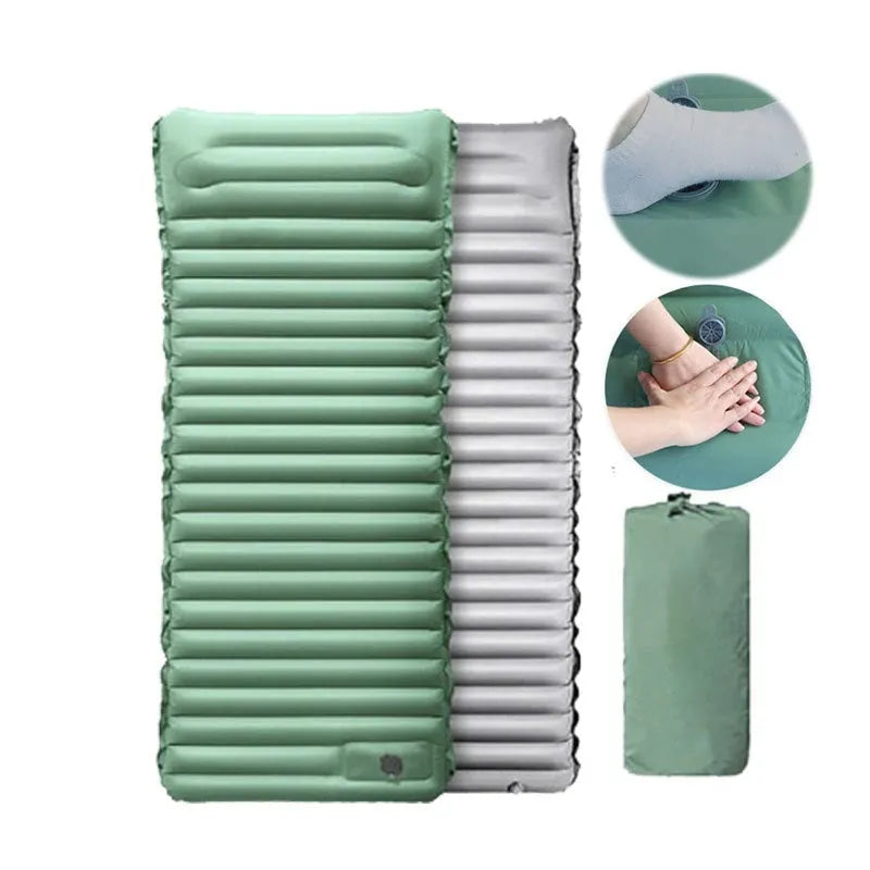 Portable inflatable camping mattress in grey, shown expanded to 195cm length with 10cm thickness.
