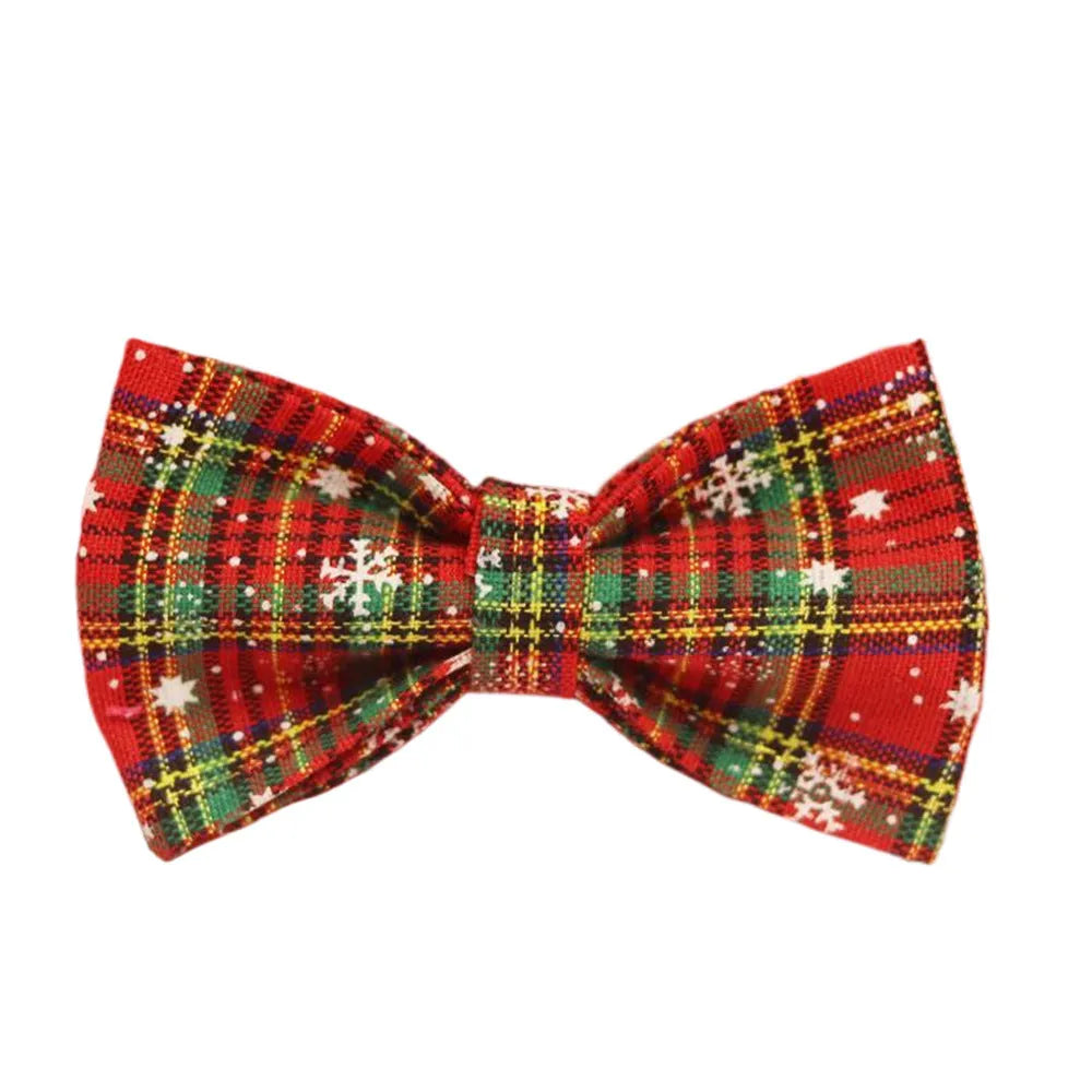 Red Christmas dog collar and leash set with snowflake patterns, plaid leash, vest, and bow tie