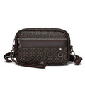 Men's black casual shoulder messenger bag with geometric pattern and handheld strap.