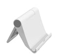 Black PE folding mobile phone stand holding tablet at 45-degree angle on wooden desk