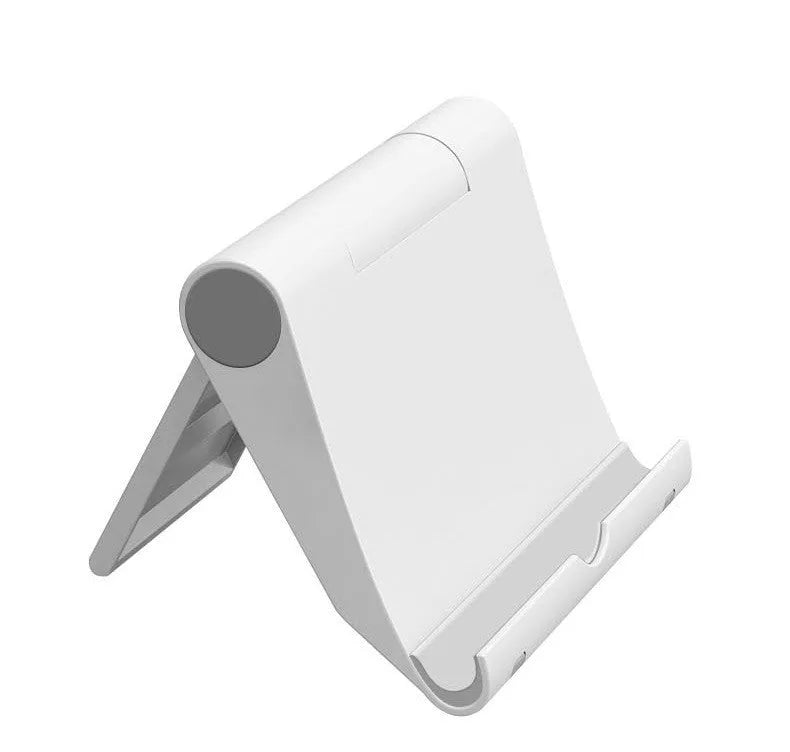 Black PE folding mobile phone stand holding tablet at 45-degree angle on wooden desk