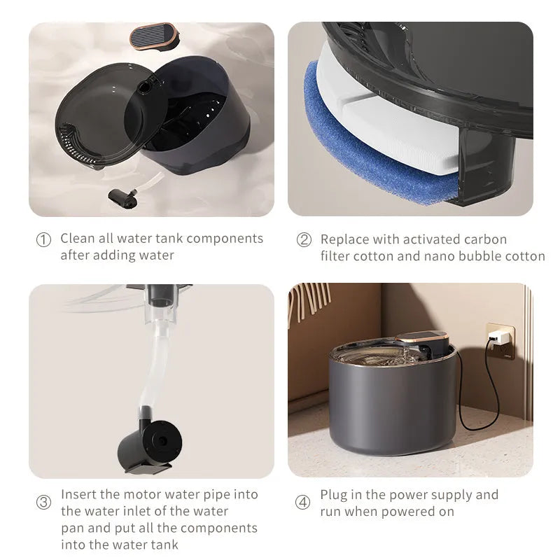 Automatic pet water fountain with USB cable, filter element, and water pump for cats and dogs