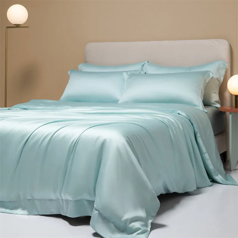 200 thread count Lenzing Tencel quilt sheets in Aurora Blue colour on a UK double bed