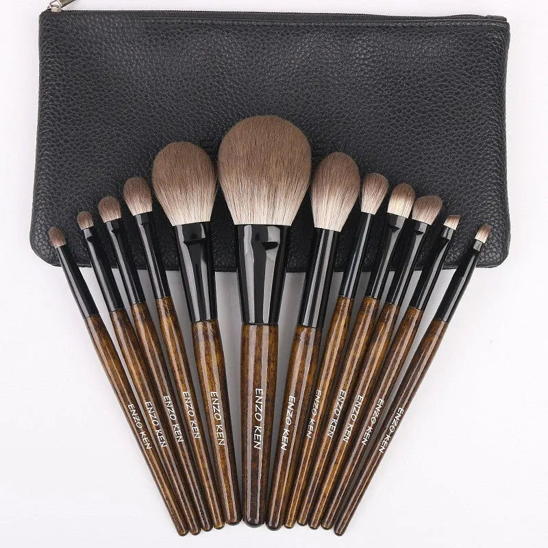 12-piece makeup brush set with wooden handles and PU travel bag for organised storage