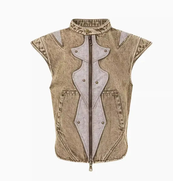 Korean style light denim pleated vest for men on a hanger, showing front detail.