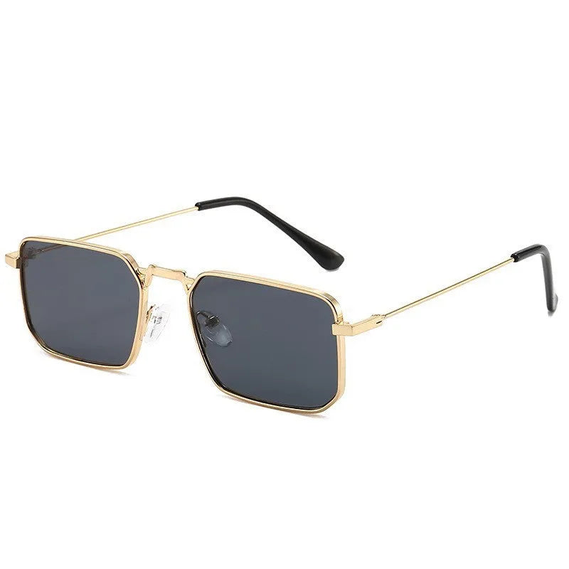 Men's square steampunk sunglasses showing gold frame with grey lenses and black frame option.