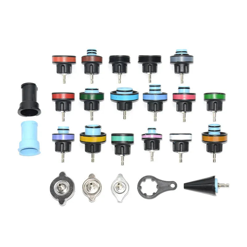 Blue 28-piece automotive radiator pressure tester kit with vacuum purge and refill components