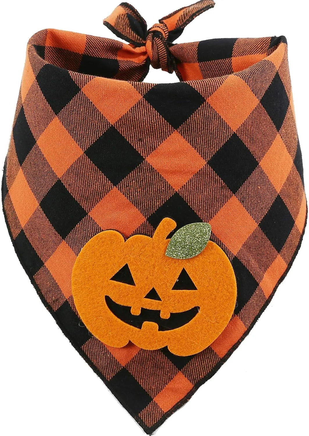 Orange Halloween dog bandana with pumpkin and skeleton felt appliques on plaid fabric