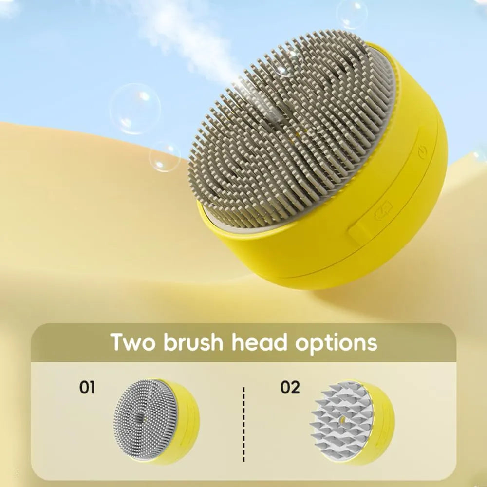 Green and yellow rechargeable cat steam brush with silicone bristles for grooming pets