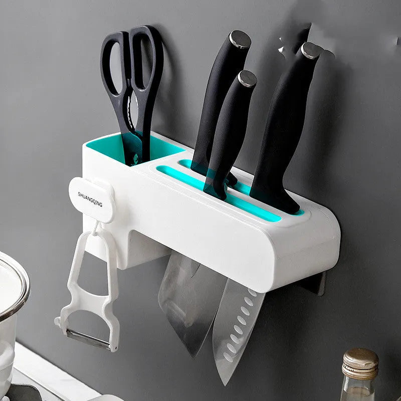 Modern white plastic kitchen knife rack with non-slip strip for wall or drawer mounting.