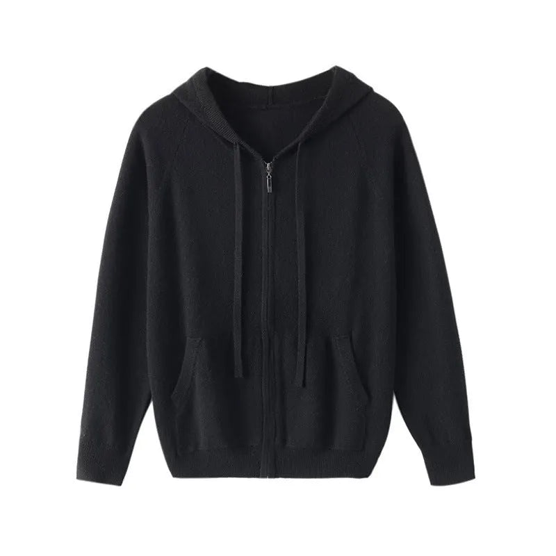 Man wearing a solid colour hooded cashmere knit cardigan with zipper front