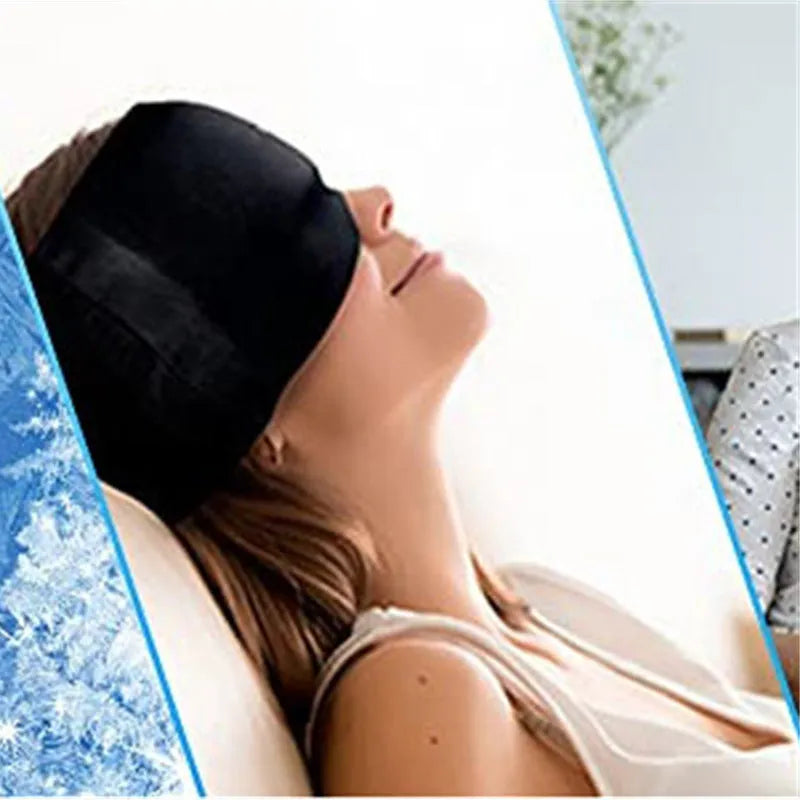 Adjustable ice headache relief gel eye mask showing 22x17cm dimensions and headband fitting 42-66cm circumference