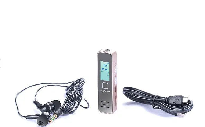 Small black or gold plastic voice recorder with display and microphone.