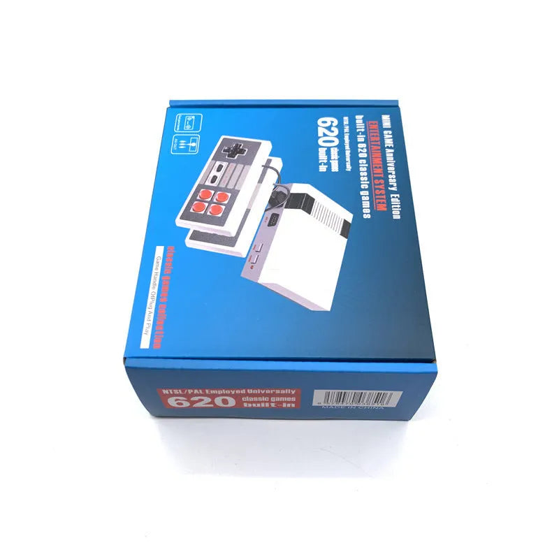 NES retro gaming console measuring 18.3x14.3x7cm with two controllers and AV cable