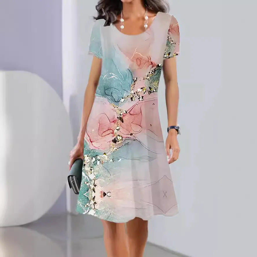 Women's mid-length A-line dress with painted plant and flower pattern, short sleeves, round neckline on Ice Silk fabric