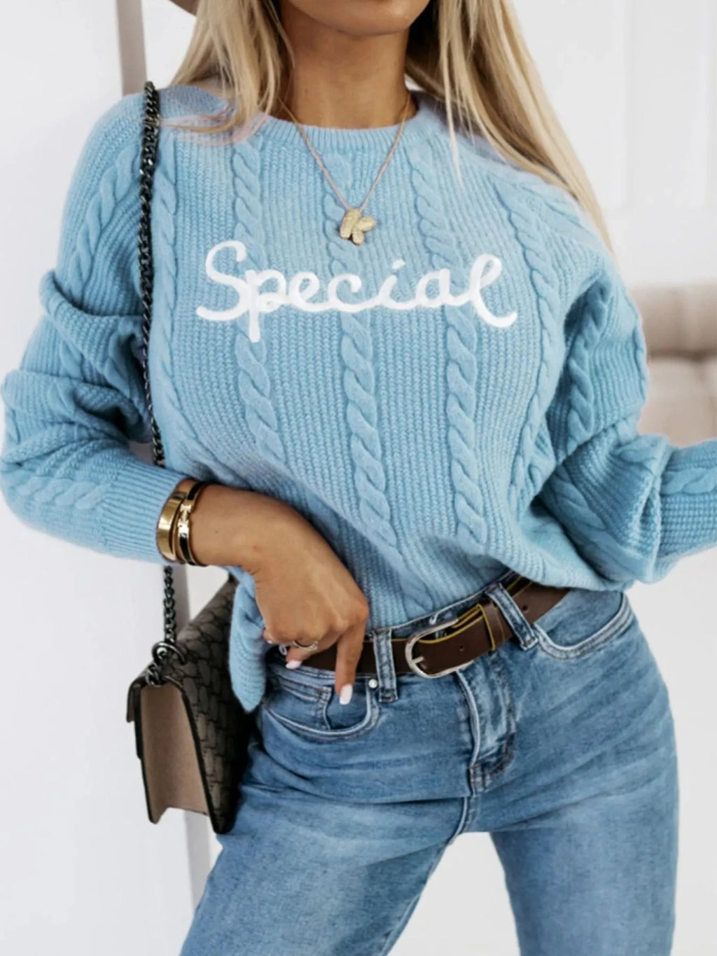 Blue crew neck pullover with embroidered letters pattern, street fashion knitwear