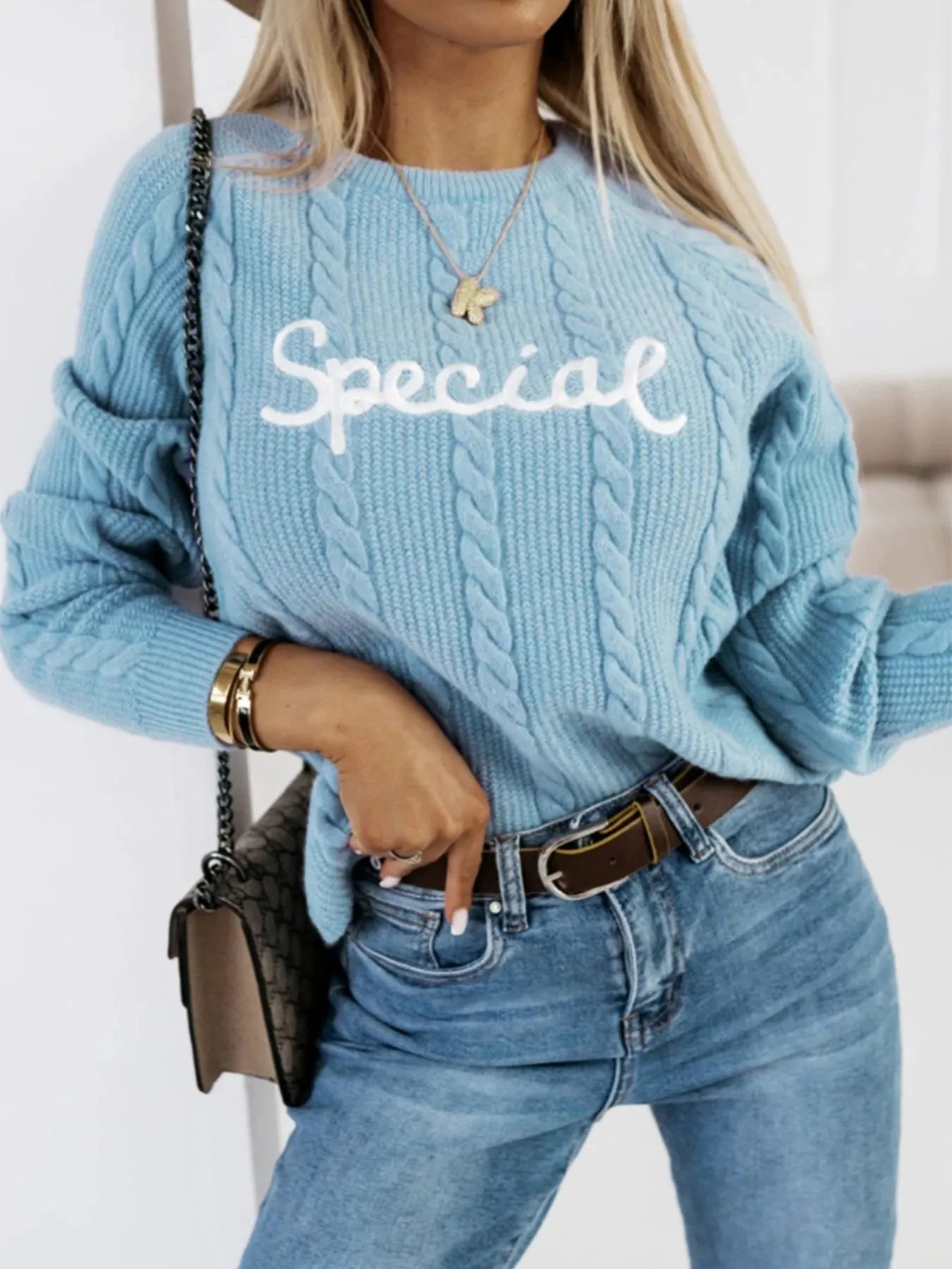 Blue crew neck pullover with embroidered letters pattern, street fashion knitwear