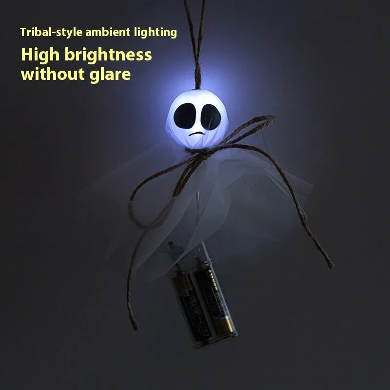 Halloween ghost LED lighting chain with 20 PVC beads in six colour options, battery-powered for spooky venue decorations