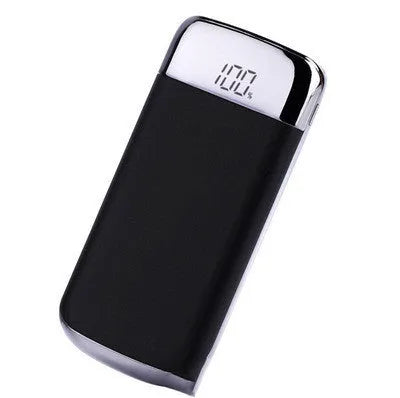 Square power bank with digital display screen showing battery percentage and multiple USB output ports