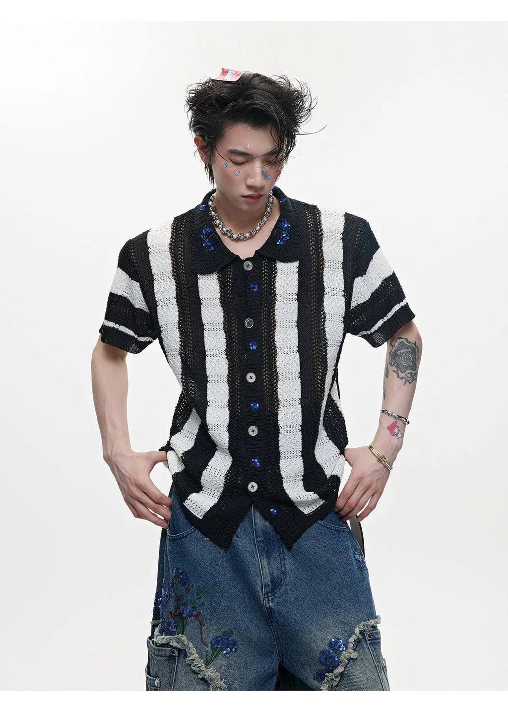 Men's black and red patchwork striped retro knit short sleeved shirt with loose fit