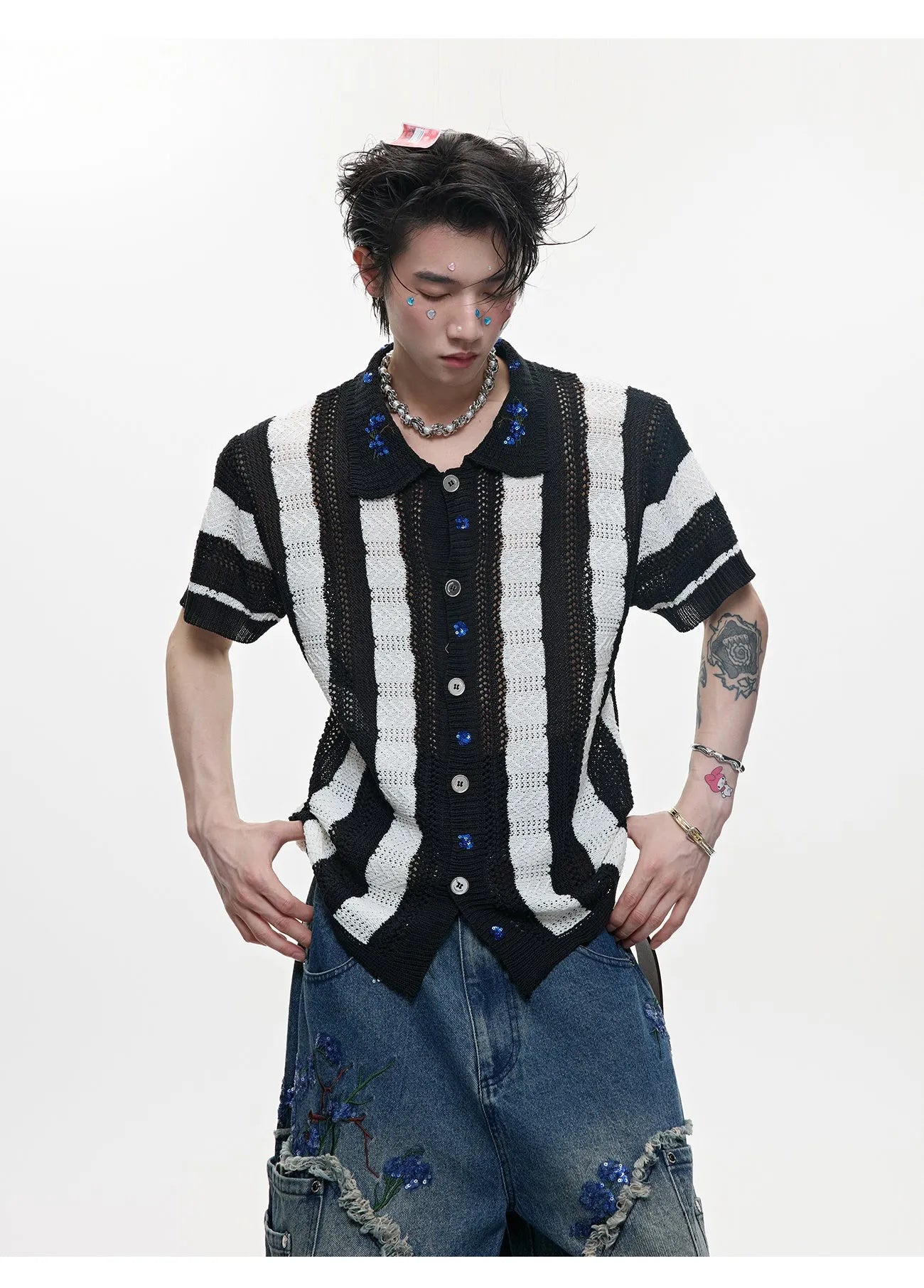Men's black and red patchwork striped retro knit short sleeved shirt with loose fit