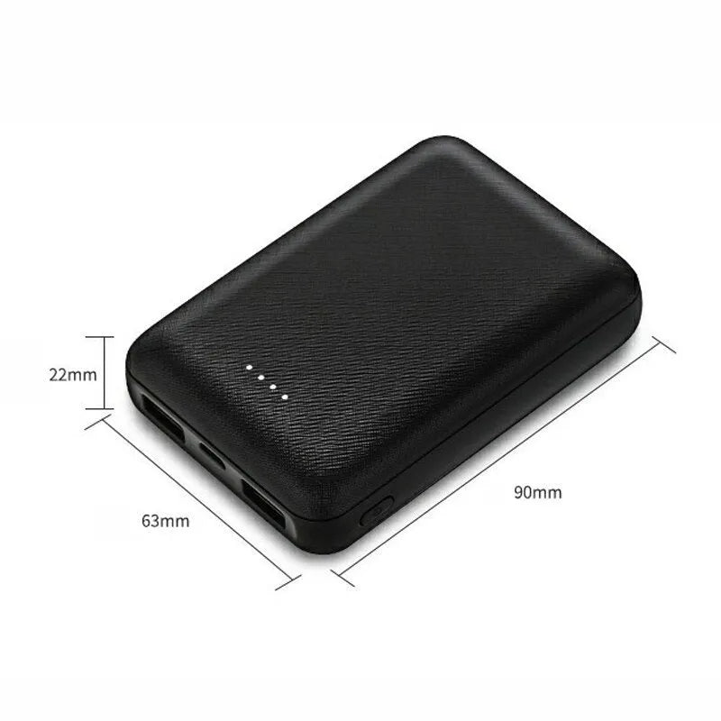 Slim 10,000mAh power bank in black or white with multiple USB ports showing 90x63x22mm dimensions