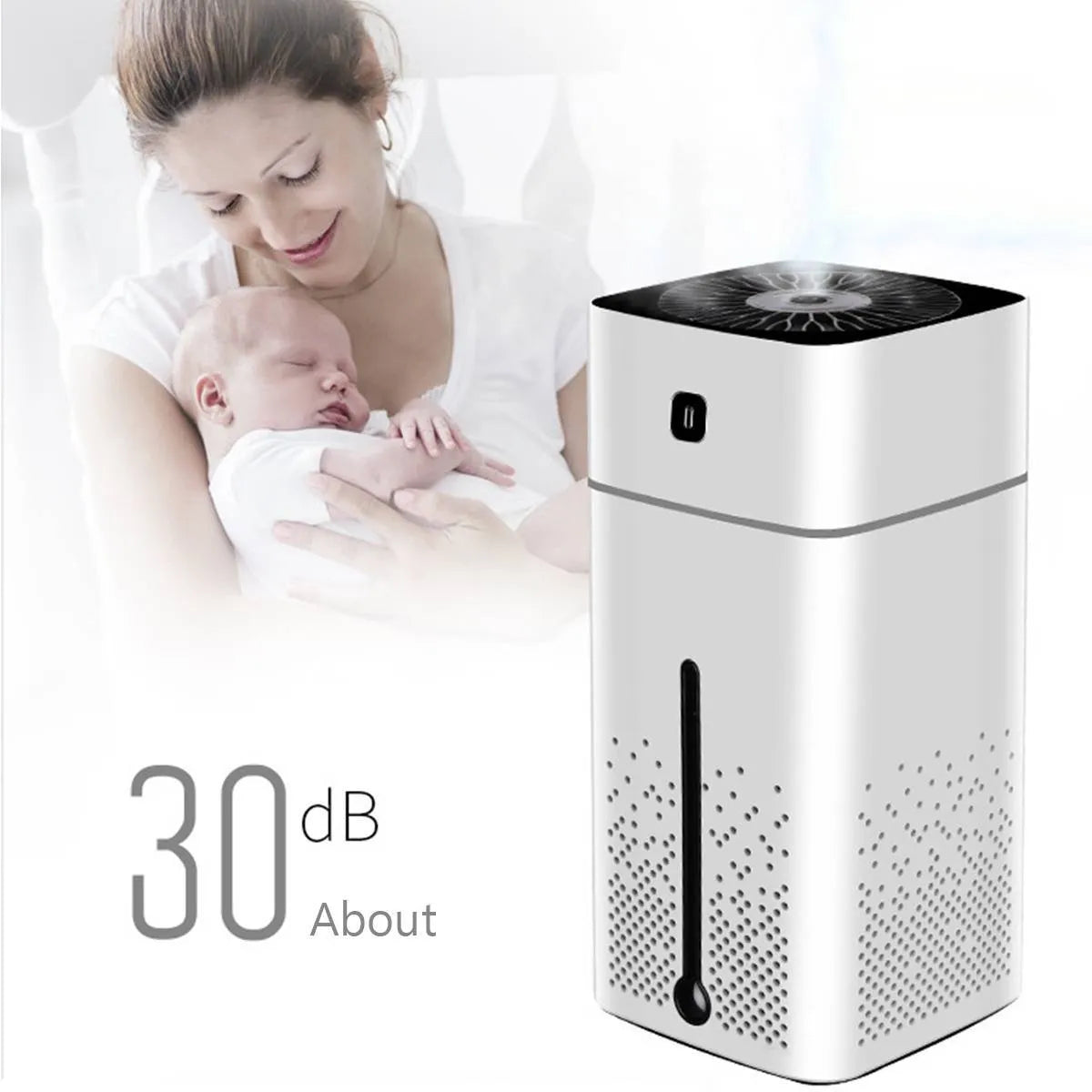 Black and white desktop humidifier measuring 103x103x218mm with 1000ml capacity and USB interface