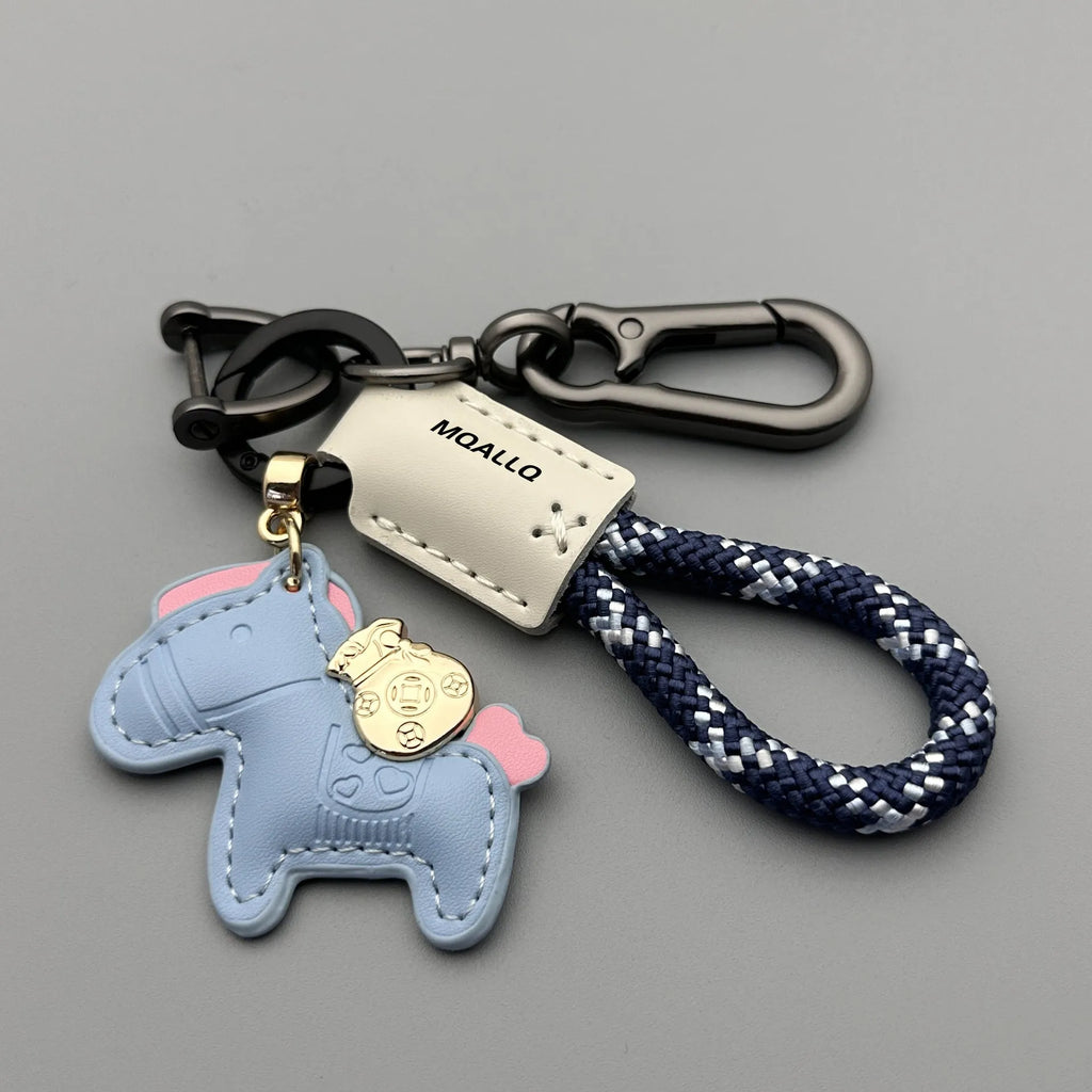 Handmade cowhide car key ring pendant with zinc alloy pony belt buckle and flanelle rope in various colours