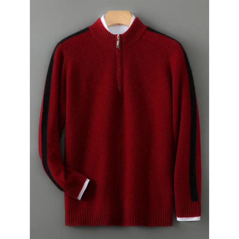 Sheep wool sweater with half-height zip and round neck in slim fit, showing standard wool yarn texture