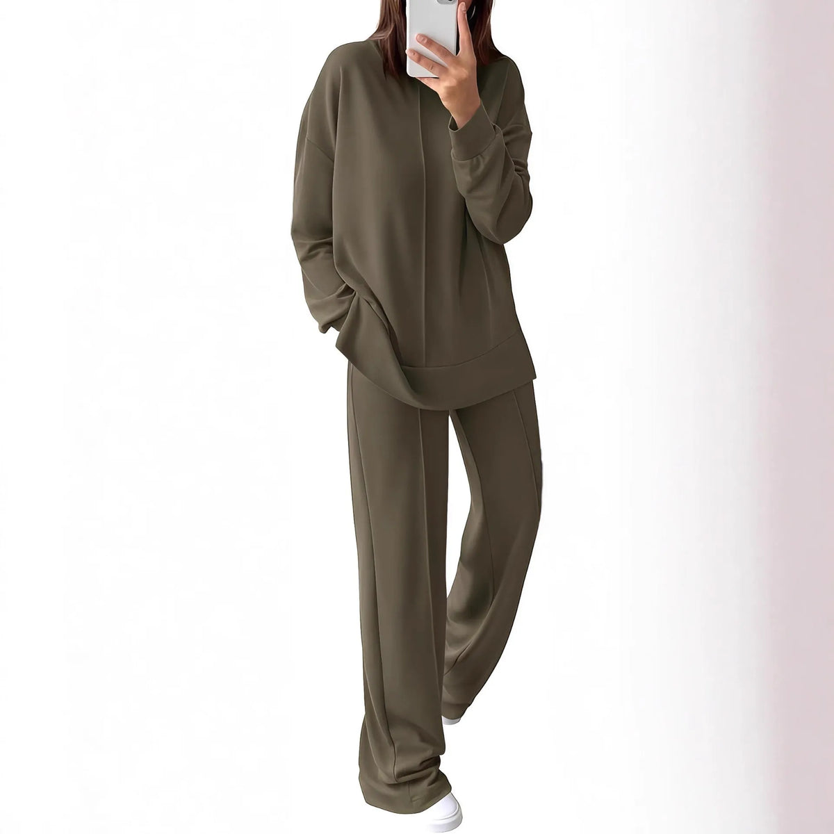 Women's polyester jogging suit set in Army Green, showing long-sleeve top and matching trousers.