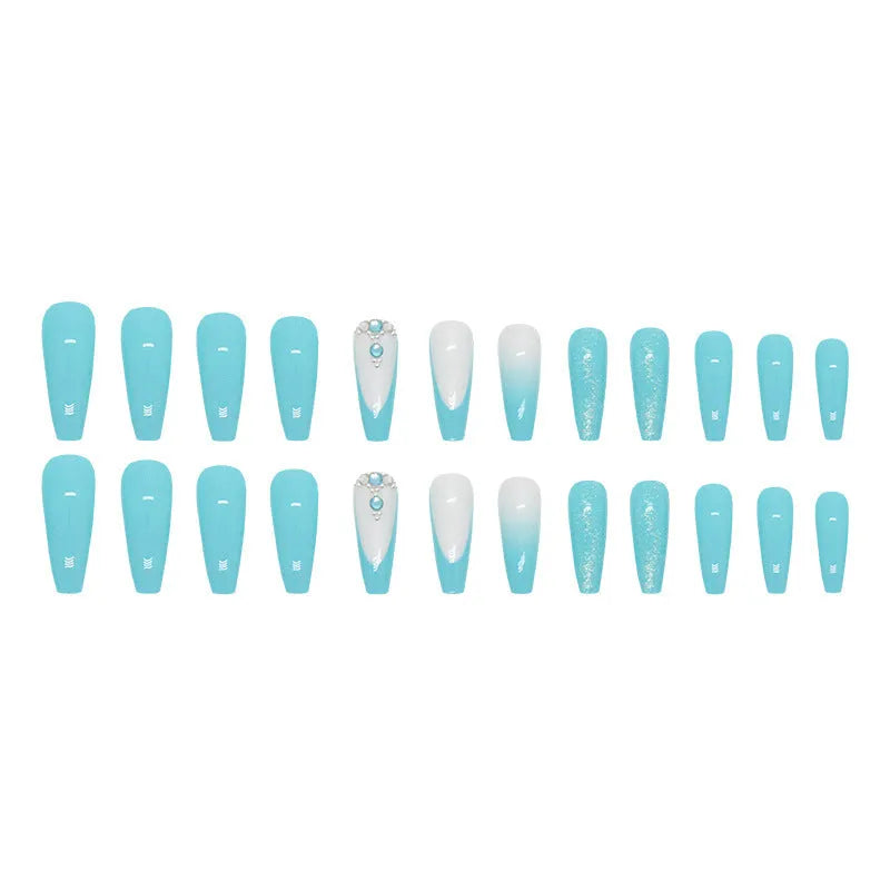 Solid colour long ballet false nails with blue diamond glue bottle, 24 pre-shaped patches