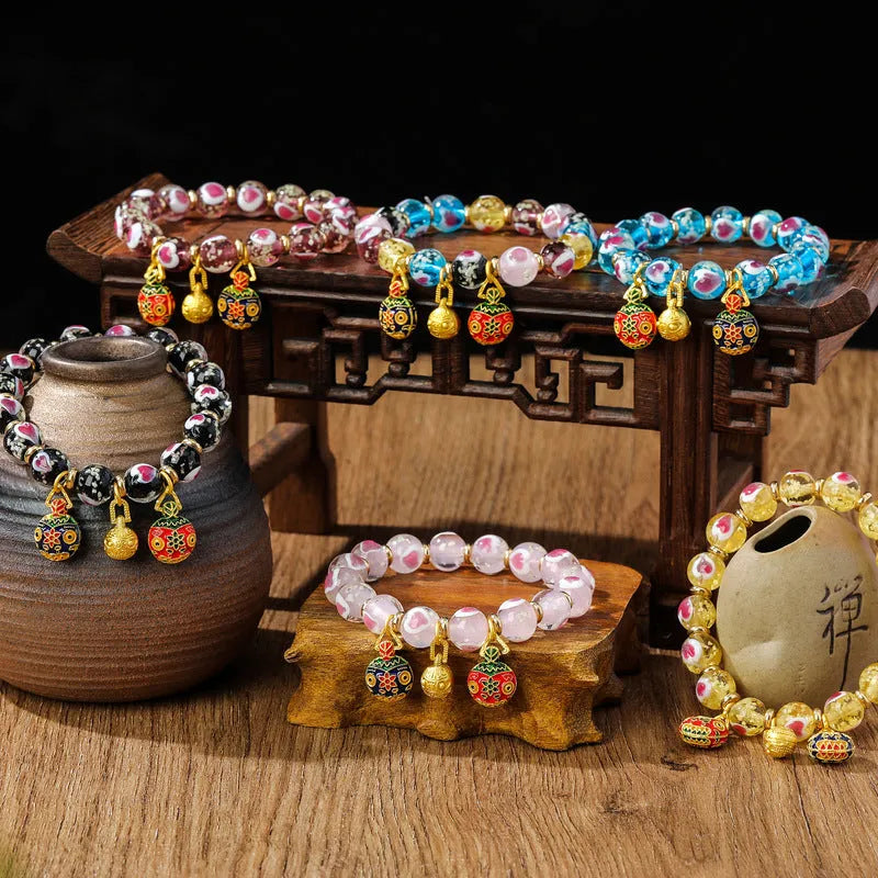 Handmade ancient fluorescent glaze bracelet with swallowing gold beast design on 10mm heart-shaped beads