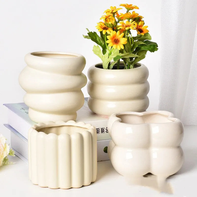 Roman column matte yellow ceramic flower pot with breathable material for plant cultivation