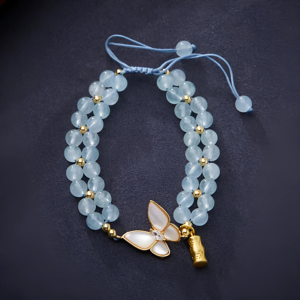 Women's aquamarine butterfly woven bracelet 6mm width manual craft adjustable design