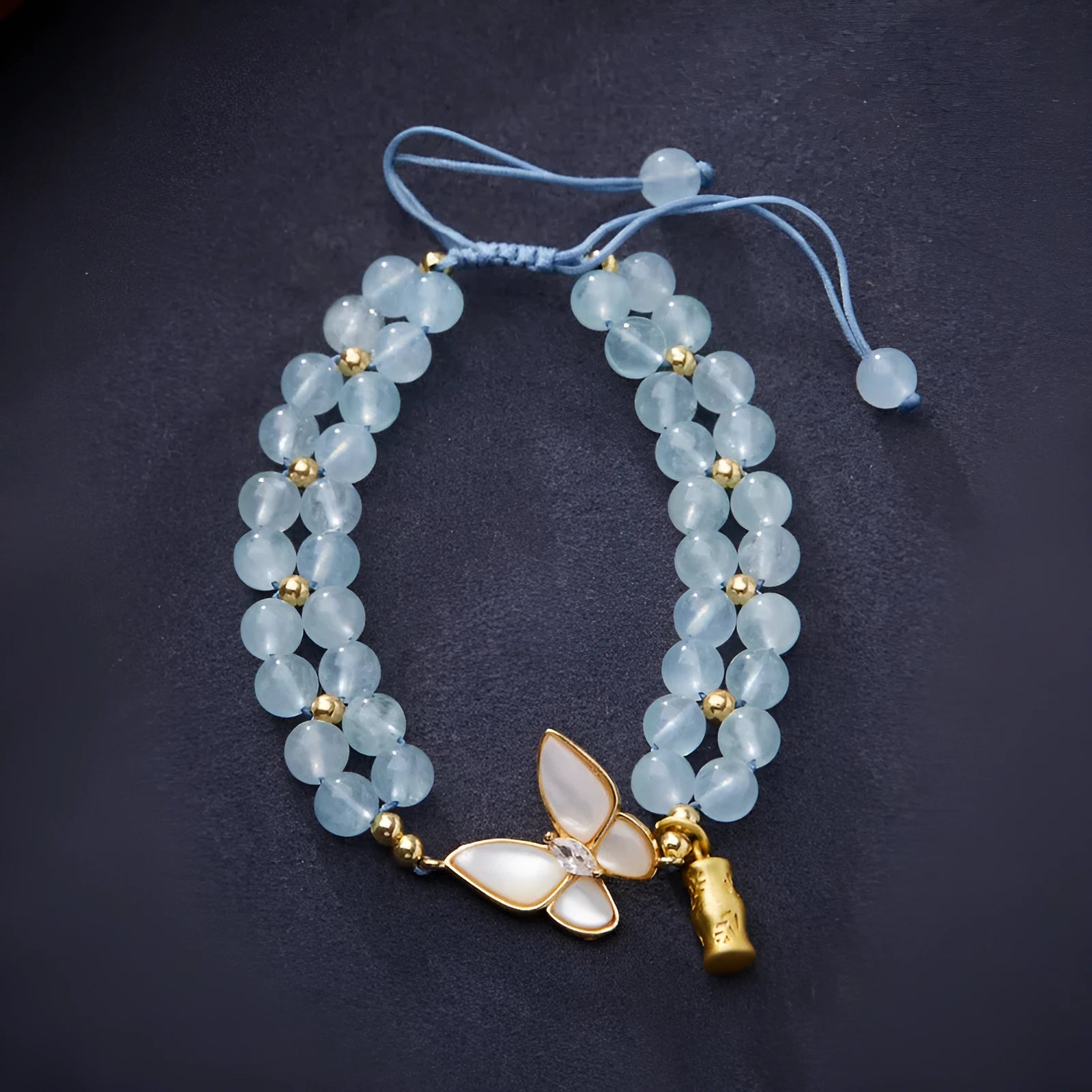 Women's aquamarine butterfly woven bracelet 6mm width manual craft adjustable design
